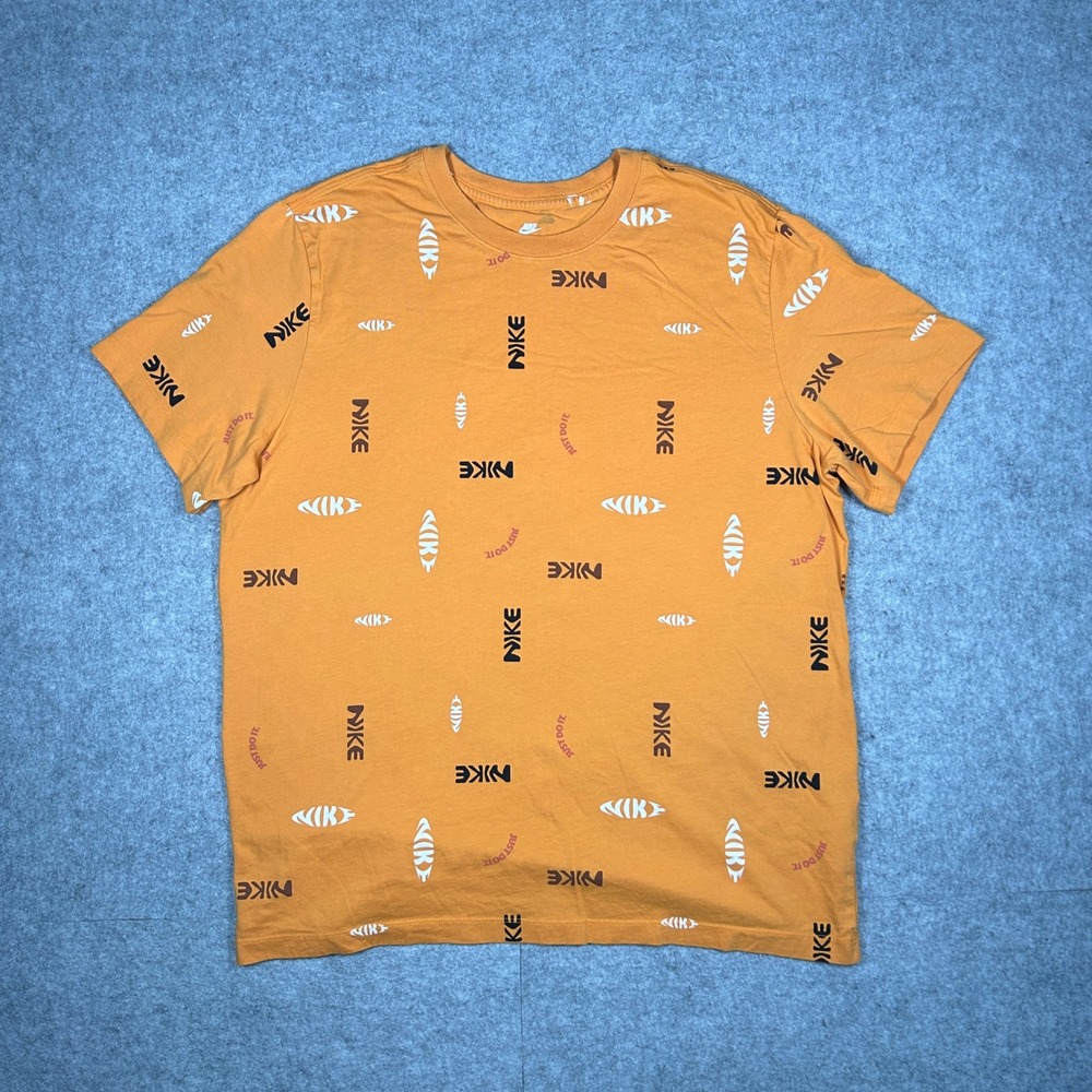 Nike T Shirt Mens‎ XL Orange yellow All Over Print Just Do It Logo Short Sleeve